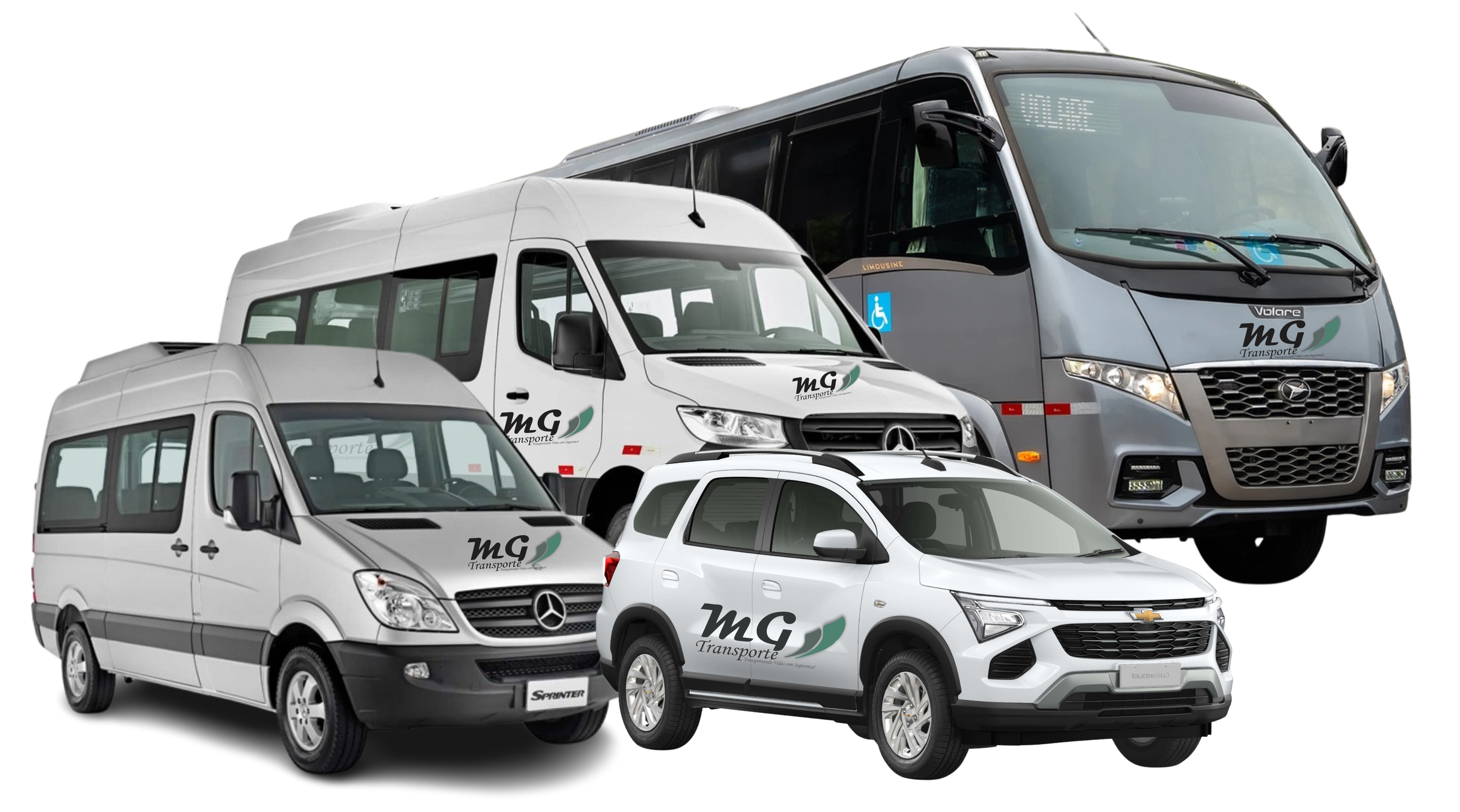 Frota da MG Transporte: vans Sprinter, micro-ônibus e SUV